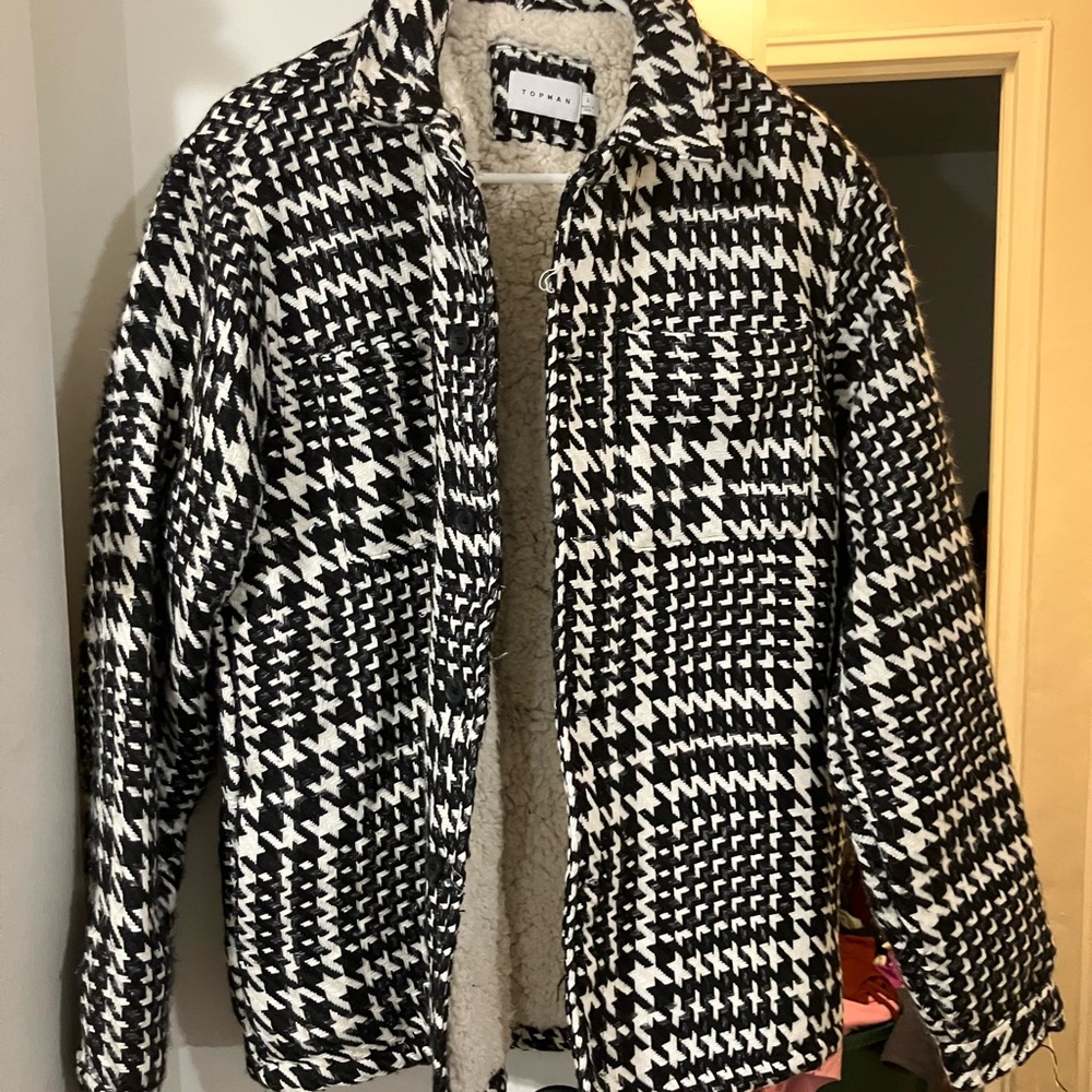 Topman Black and White Houndstooth Trench Coat